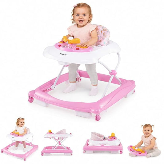 HONEY JOY Baby Walker, 5 in 1 Infant Activity Walker with Wheels, Music, Removable Cushion, Toddler Foldable Push Walker for Boys Girls, Anti-Rollover Walkers for Babies 7-14 Months (Pink)