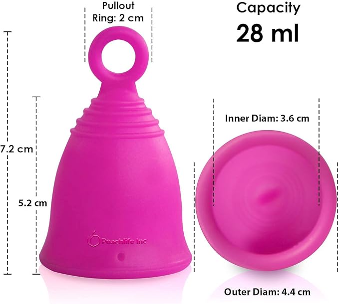 Peachlife Ring Menstrual Cup with Loop Pull Tab Handle - Silicone Reusable for 10 Years - Medium Size, Medium Firm Peachcup