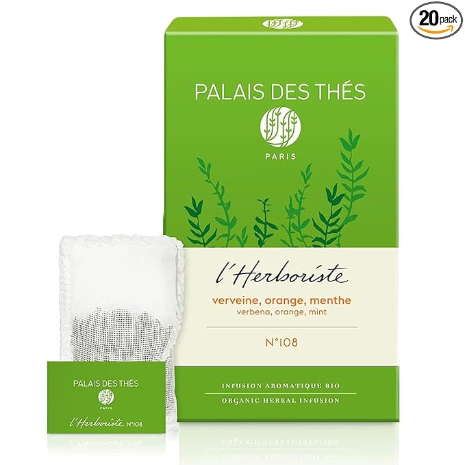 Palais des Thés Caffeine-Free Tea - L'Herboriste N∞108 Organic Relaxation Herbal Blend with Lemon Verbena, Orange & Mint - Premium Tea Bags, Serves 20 Cups