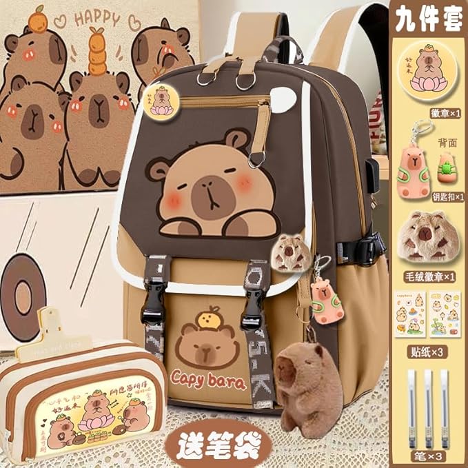 Kapibara Capybara Cartoon Backpack Gift Large Capacity Waterproof Kapibara stuff kawaii backpack with pins and Accessories (Pattern 1)