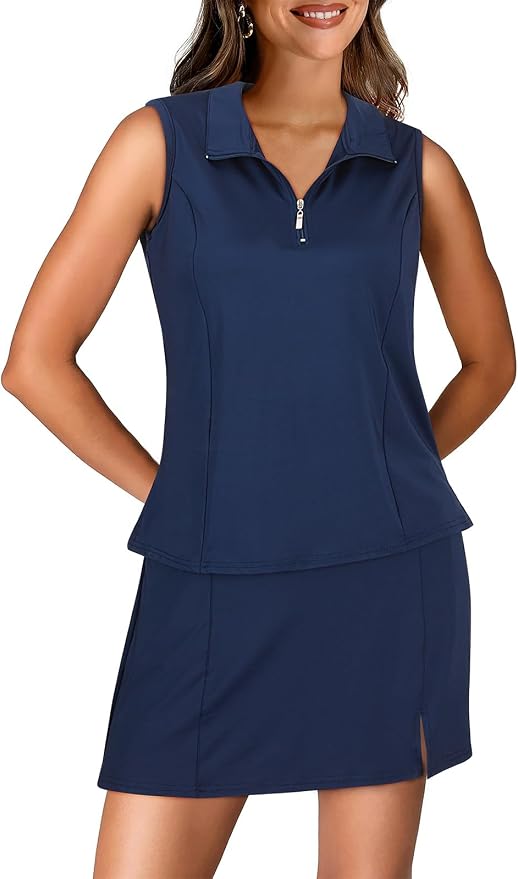 Koscacy Women's Tennis Skort Set Zip Up Tank Top 2 Piece Summer Outfit
