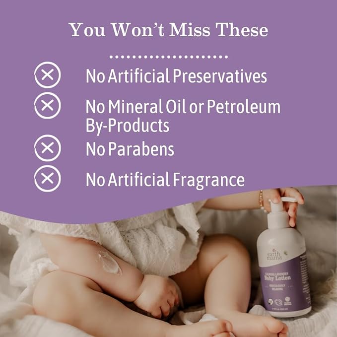 Earth Mama Calming Lavender Baby Lotion for Dry Skin, Calendula Cream for Newborn Skin Care, Children's Moisturizer, Aloe Juice, Rooibos, & Shea Butter, Lavender Lotion, 8 Fl Oz (2Pk)