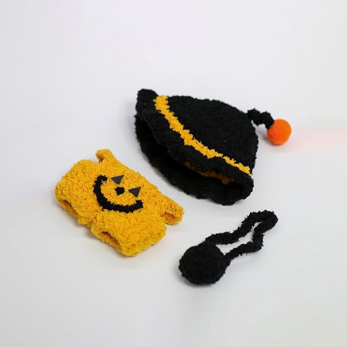 17cm Doll Clothes, Halloween Witch Hat and Pumpkin Costume Set Handcrafted Crochet Halloween Clothes for 6.7"(No Doll Included)