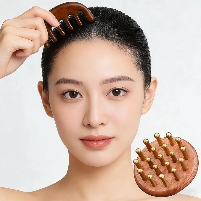 Scalp Massager for Hair Growth, Two-Piece Set-Manual Head Scrubber with Sandalwood, Portable Handheld Tool for Scalp Care & Relaxation, Stress Relief Brush for Home and Travel Spa Experience