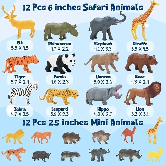 Kimicare 24Pcs Safari & Zoo Animals Figures, Realistic Plastic Animal Toys Set for Kids 1 2 3, Educational Jungle Animals Figures Playset, Party Supplies Birthday Gifts for Toddlers Boys Girls