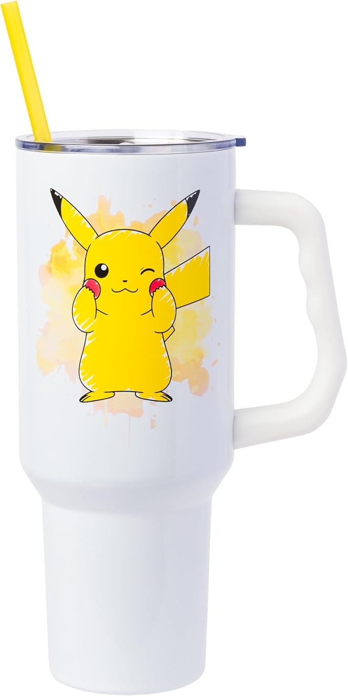 Silver Buffalo Pokémon Double Walled Stainless Steel Tumbler with Handle Featuring Pikachu, Fits in Standard Cup Holder, 40 Ounces