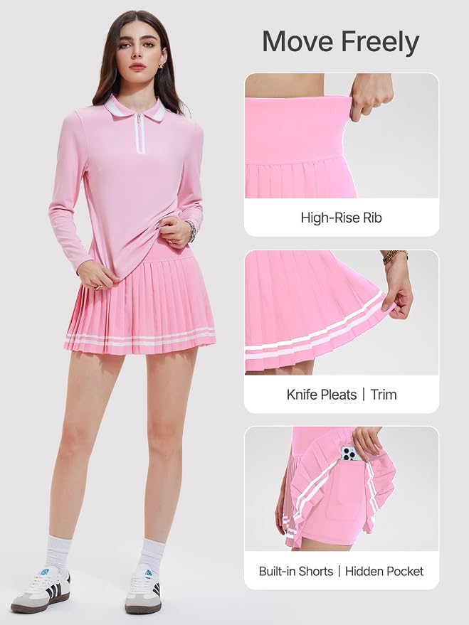 Women's 2-Piece Tennis Skirt Set, Polo V-Neck Top & High-Waisted Pleated Skirt, Athletic Outfit for Golf Pickleball