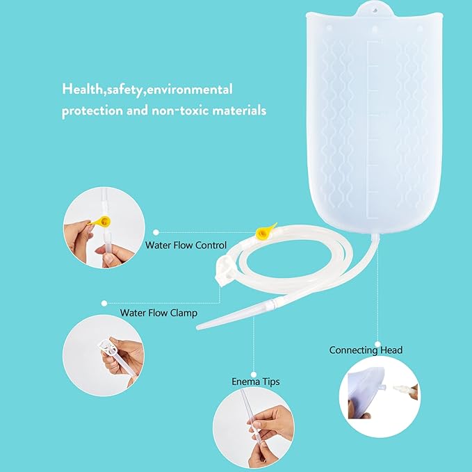 GNEGKLEAN Silicone Enema Bag Kit with 6.3ft Hose, 5 Enema Tips, Controllable Flow Valve and Water Thermometer - 2 Quart Capacity Coffee enemas for Colon Cleanse