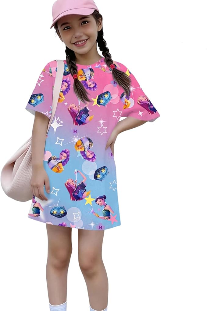 Girl's Anime K-POP Graphic Long Dress T-Shirt - Casual Loose Fit Short Sleeve Top