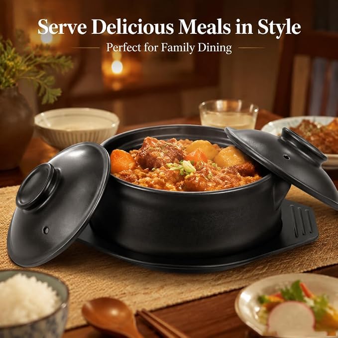 2 Pcs Korean Stone Pot Clay Cooking Pot Set, 38 oz Heat Resistant Ttukbaegi,Ceramic Dolsot Bowl with Lid & Trivet, ideal for Bibimbap, Korean Soup, Stew, Ramen & Rice
