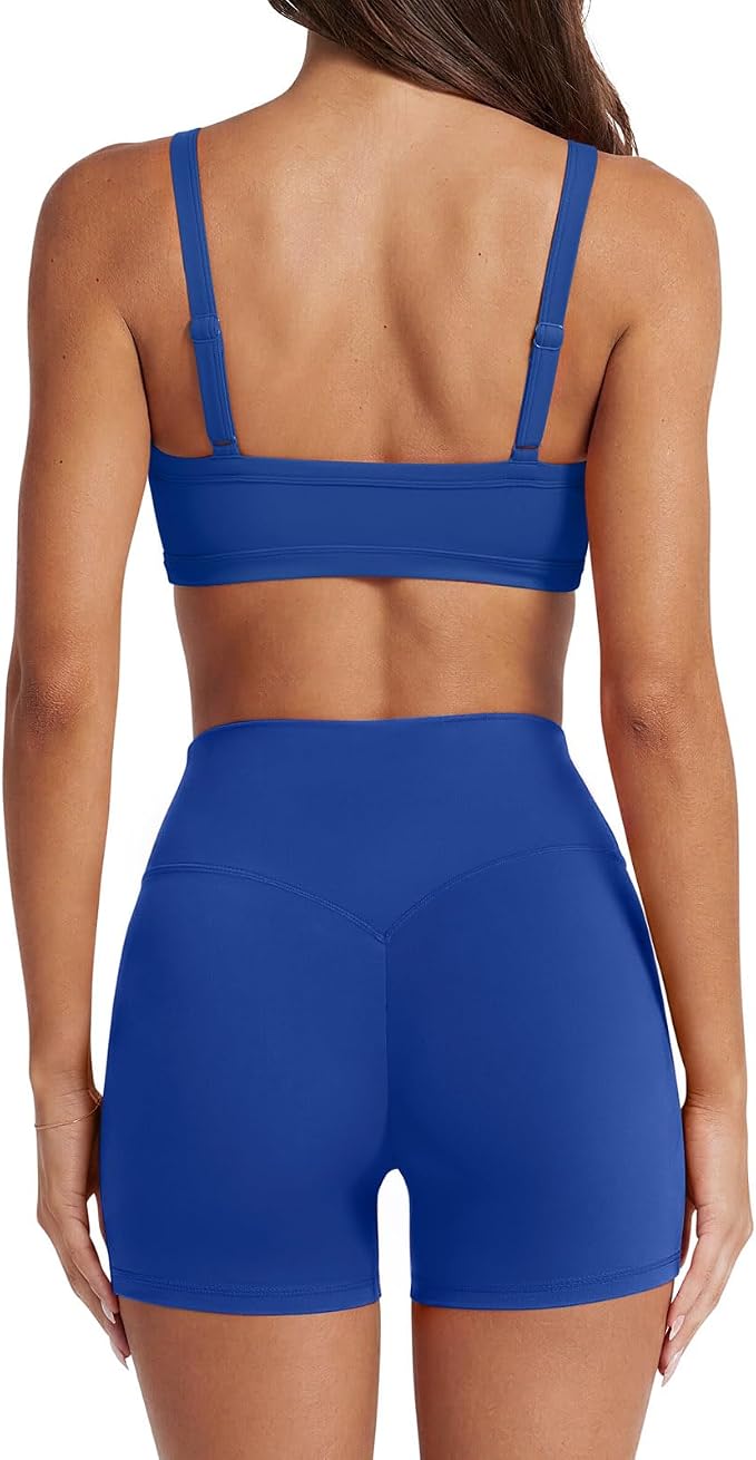 SUUKSESS Women Padded Workout Sets Adjustable Straps Sports Bra Tummy Control Biker Shorts