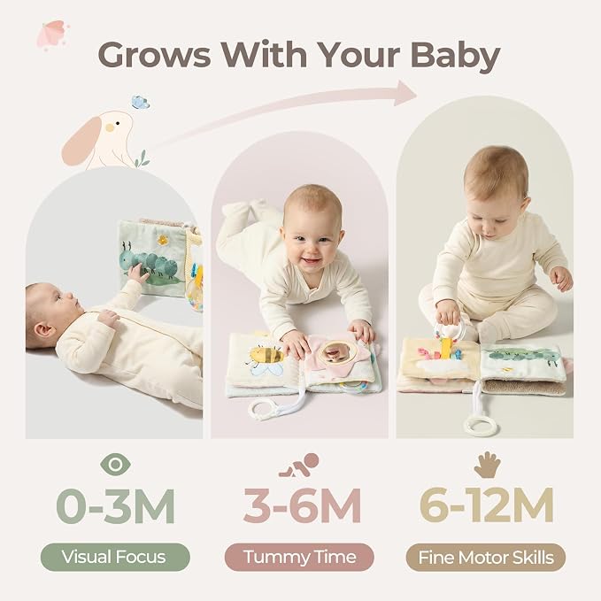 let's make Soft Baby Book, Sensory Crinkle Cloth Books for Babies 0-6 6-12 Months, Animal Tummy Time Toys with Baby Mirror & Squeaker, Touch and Feel Travel Stroller Toy, Newborn Gift Baby Shower