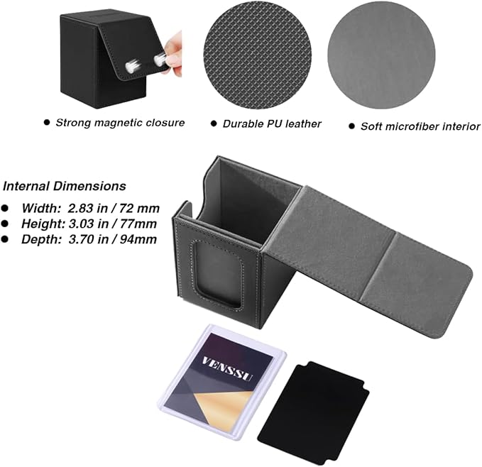 Venssu MTG Deck Box With Slot For Commander Display, Patented Design, Fits 100+ Double /120+ Single Sleeved Cards, With 2 Dividers And 1 Toploader,Compatible with board game TCG CCG (Black＆Grey)