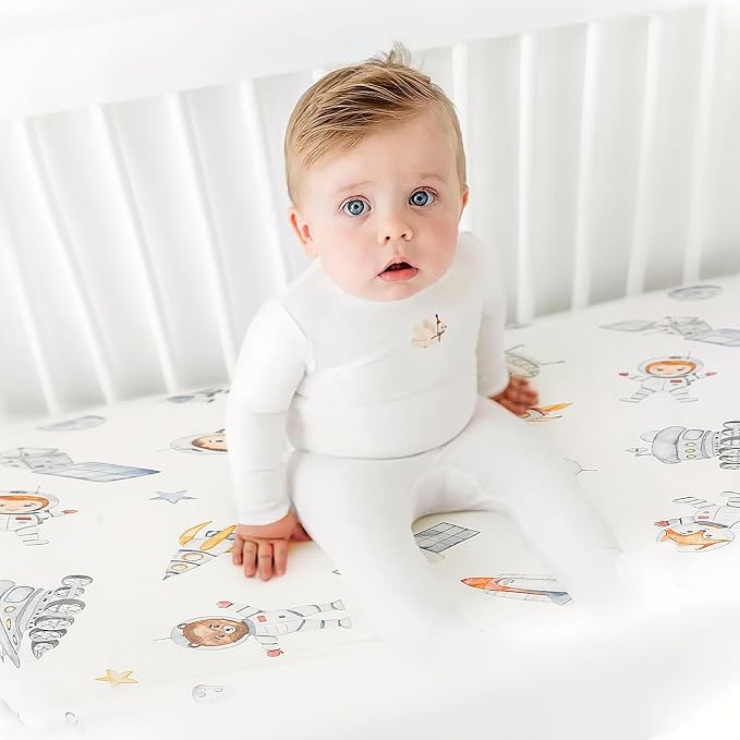 GRSSDER Stretchy Ultra Soft Jersey Knit Pack and Play Sheets 2 Pack, Portable/Mini Crib Sheets Universal Fitted for Playpen Mattress Safe and Snug, Cute Sea Fish & Space Print
