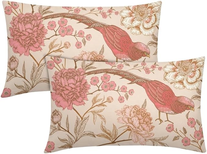 Flowers Birds Lumbar Pillow Covers 12X20 Inch Set of 2 Pink White Roses Floral Leaf Decorative Pillow Cases Art Retro Gold Cotton Linen Cushion Case Vintage Home Decor for Sofa Couch Porch Outdoor