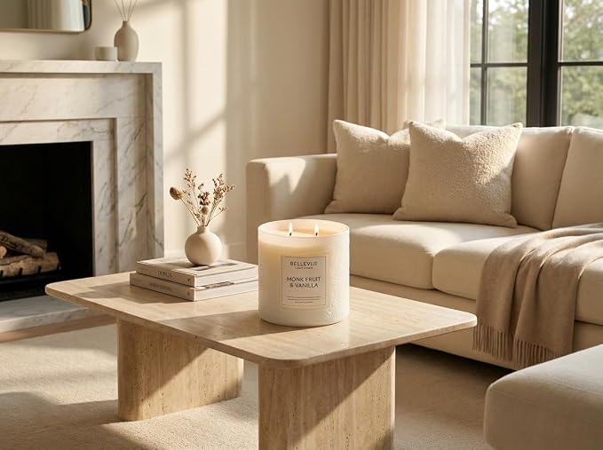 Bellevue Luxury Candles, 12 OZ Soy Blend Candle, Embossed Glass, Fragrances formulated with Essential Oils, Home Fragrances, Scented Candles Gift Set ǀ Scent: Monk Fruit & Vanilla