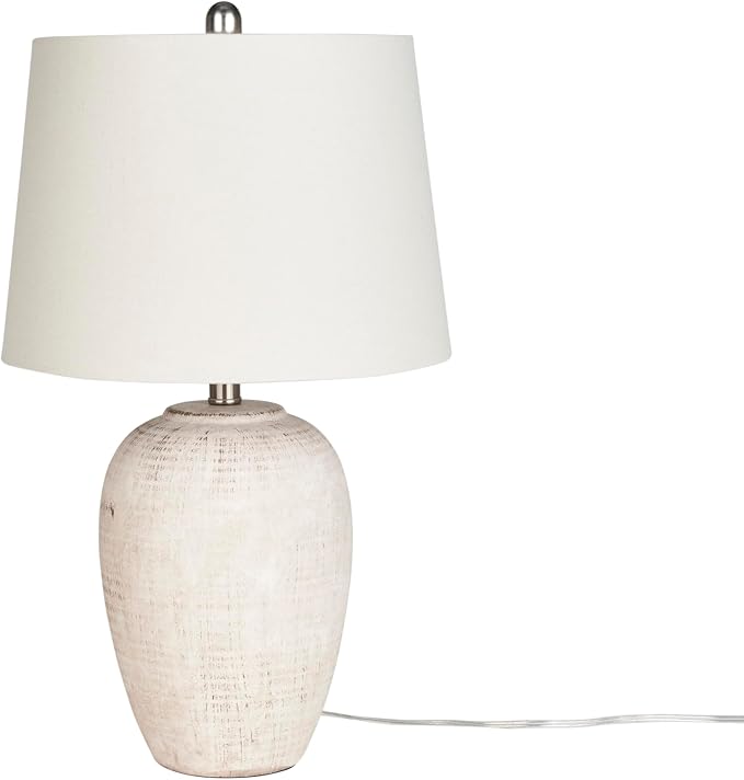 Nourison Home 23" Distressed Cream/Beige Rustic Ceramic Jar Table Lamp for Bedroom, Living Room, Dining Office, with Ivory Shade