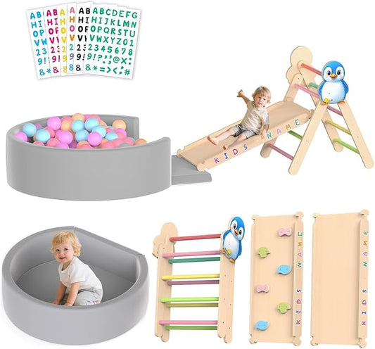 Acenova Pikler Triangle Climbing Set with Cushion and DIY Name Stickers, Montessori Wooden Climbing Gym for Toddlers, Indoor Jungle Gym, Dinosaur Pikler Triangle Arch Ramp Climber Toy