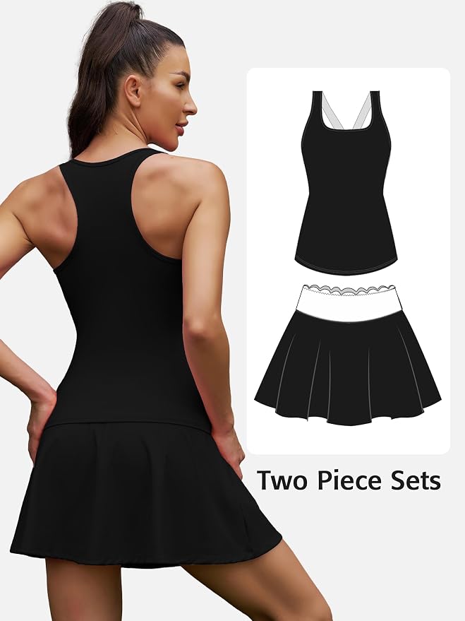 ATTRACO Tennis Outfits for Women Racerback Golf Dress Workout Dress | Athletic Skirt Set, Built-in Shorts, 2 Pockets, Scalloped, Racerback, High Waisted, Pickleball, Workout Set