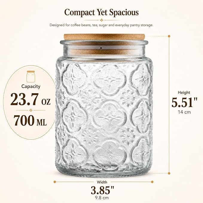 Glass Jar with Lid, 23.7 oz Decorative Mason Jar, Coffee Canister | Glass Storage Container with Lid, Airtight Kitchen Canister for Coffee, Tea, Sugar, Candy, Cute Jar