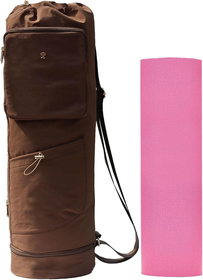 ESVAN Yoga Mat Bag with Multi Pockets Drawstring Yoga Mat Carrier Pilates Exercise Multi-Functional Storage Bag