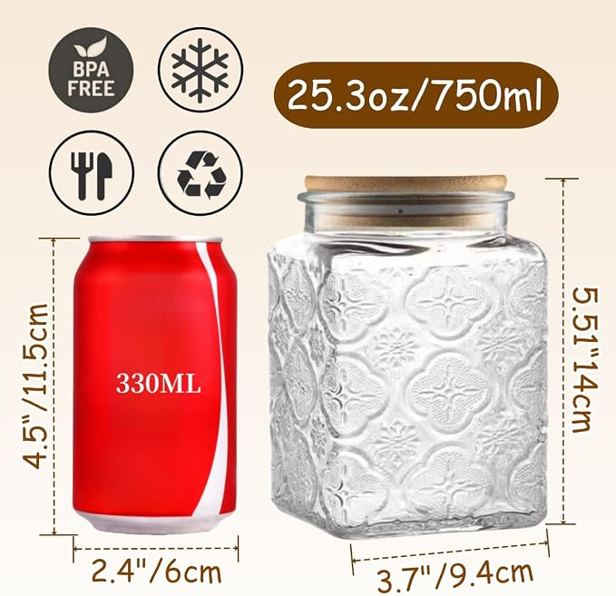 25.3 FL OZ Square Glass Jar, Glass Storage Canister with Airtight Lid, Glass Food Storage Containers for Candy, Coffee, Tea, Canning, Cute Jar (Square Begonia) | Glass Food Storage Container for Coffee, Tea, Candy, Sugar, Decorative Jar Cute Jar (Squar...