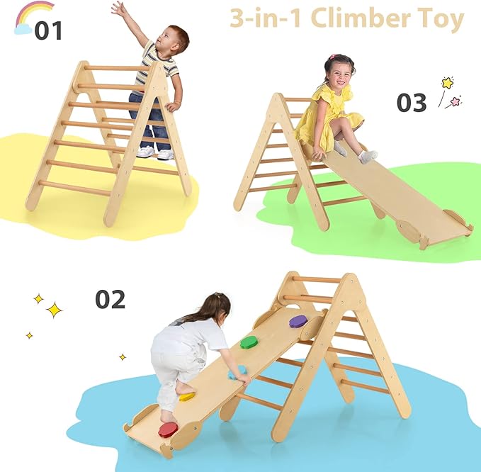 OLAKIDS Pikler Triangle Set 3 in 1 Climbing Toys for Toddlers Wood Montessori Baby Jungle Gym with Ramp Ladder Slide Kids Indoor Playground Activity Play Structure
