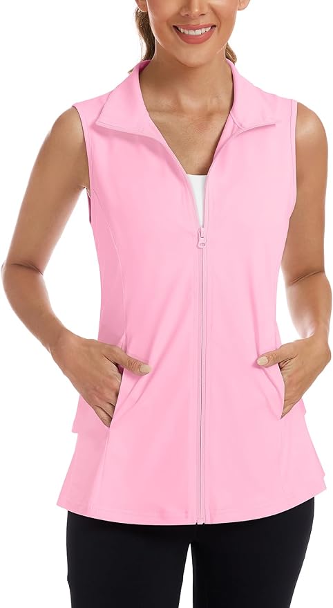 Women's Golf Vest with Pleated Tennis Skirt Hem Lightweight Full Zip Sleeveless Athletic Shirts with Pockets
