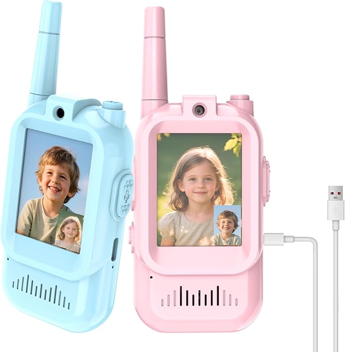 Video Walkie Talkies for Kids 2 Pack with Voice Changer, Rechargeable Two Way Radios, Fun Toys for Indoor Play, Camping, Hiking, Travel, Gift for Boys and Girls Ages 3-12