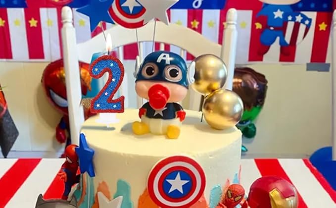 Blue Hero Captain 2 Birthday Candle, 3D Number 2 Candle Birthday Boy Girl Kid's Superheroes Theme Party Cake Decoration