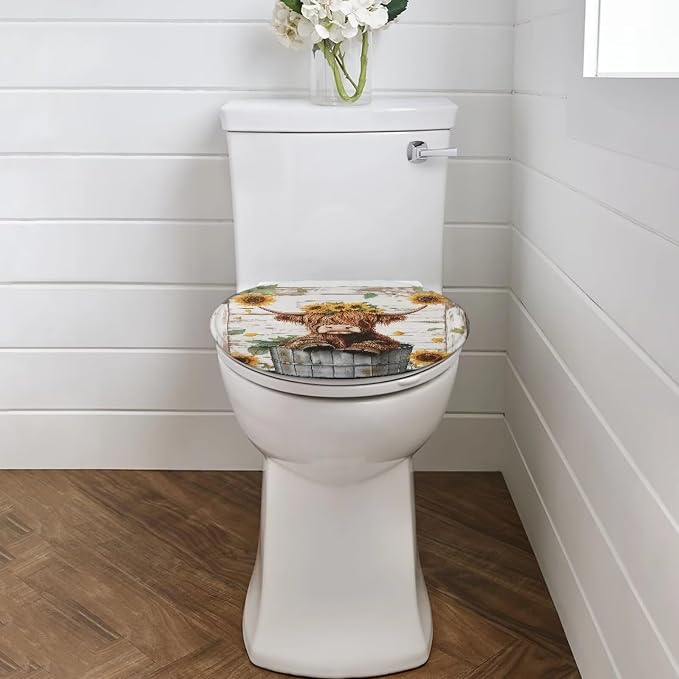 Highland Cow Toilet Lid Covers for Bathroom Elongated Sunflowers Flowers Round Toilet Lid Cover Universal Toilet Tank Cover Replacement with Elastic Band