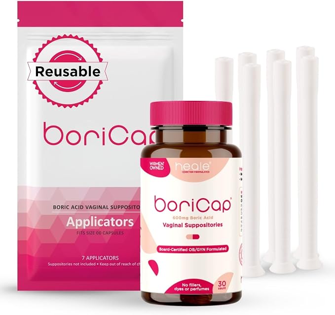 BoriCap Heale 600mg Boric Acid Suppositories | for Vaginal Odor | 30 Count & Plus 7 Applicators | Made in the USA