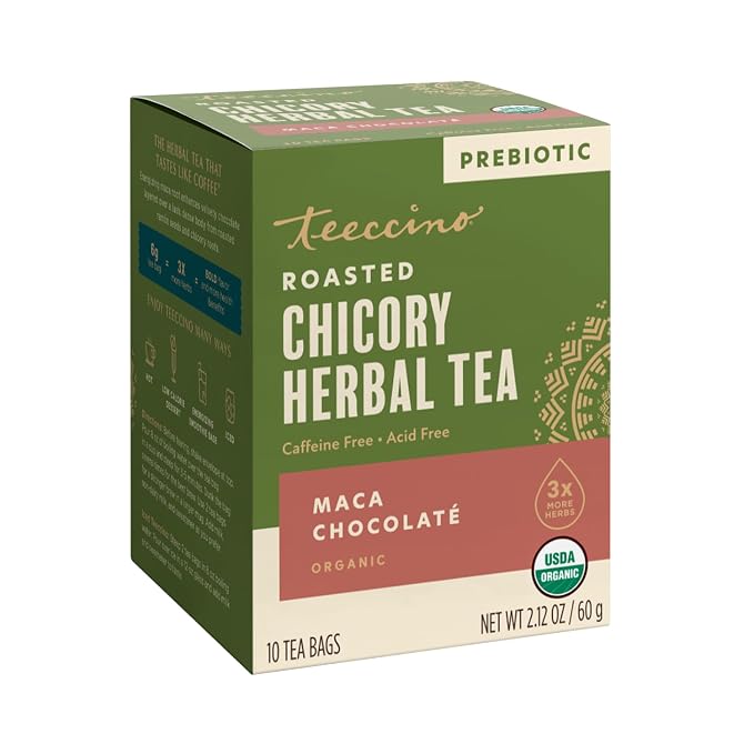 Teeccino Herbal Tea – Maca Chocolaté – 10 Tea Bags - Adaptogenic Peruvian Maca, Cacao, Chicory, Prebiotic, Caffeine Free, Acid Free, Coffee Alternative, (Pack of 4)