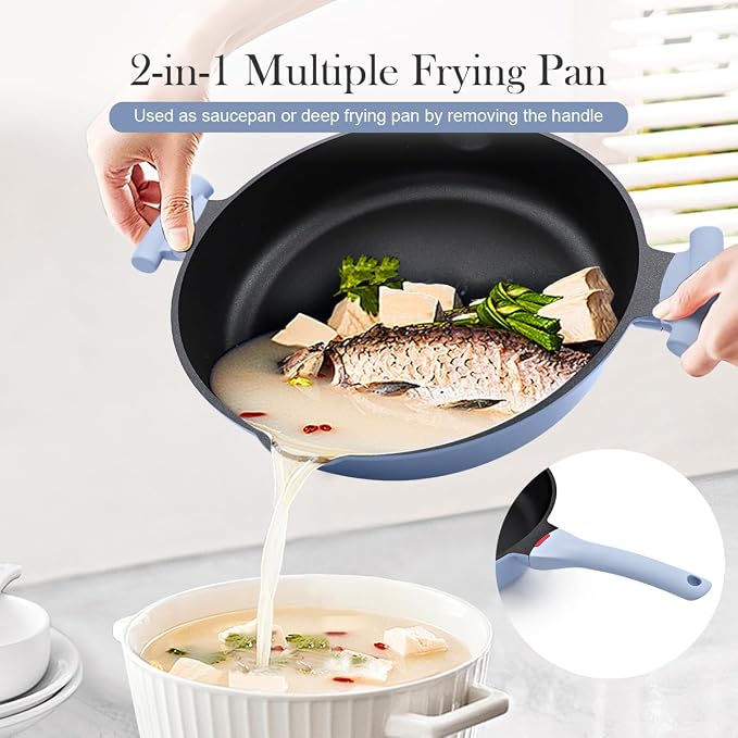 Large Frying Pan Skillet Nonstick with Lid, 14 Inch Deep Saute Pan, Big Induction Pan for Cooking, 2-1 Non Stick Cookware with Helper Handle, Family Size, Suitable for All Stoves, PFOA-Free