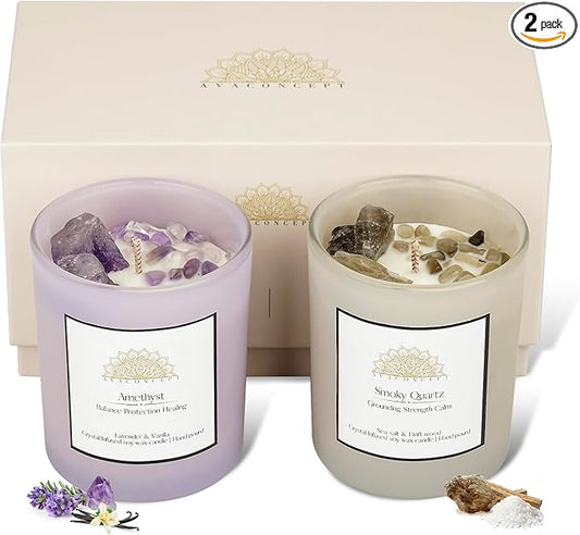 AvaConcept Healing Crystal Candle Gift Set – Amethyst & Smoky Quartz | Hand-Poured Soy Wax Candles Lavender Vanilla & Sea Salt Driftwood Aromatherapy Natural Crystals Infused Set of 2/5.3oz Each