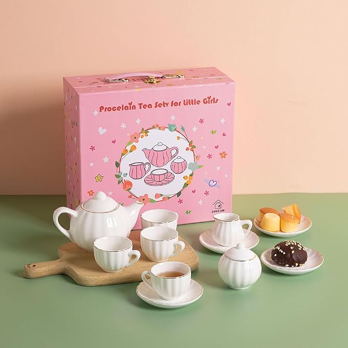 Sweejar Porcelain Toy Tea Sets British Royal Series, Vintage Style Tea Set for Children, Cups & Saucer Service for 4, with Teapot, Sugar Bowl and Cream Pitcher(White)