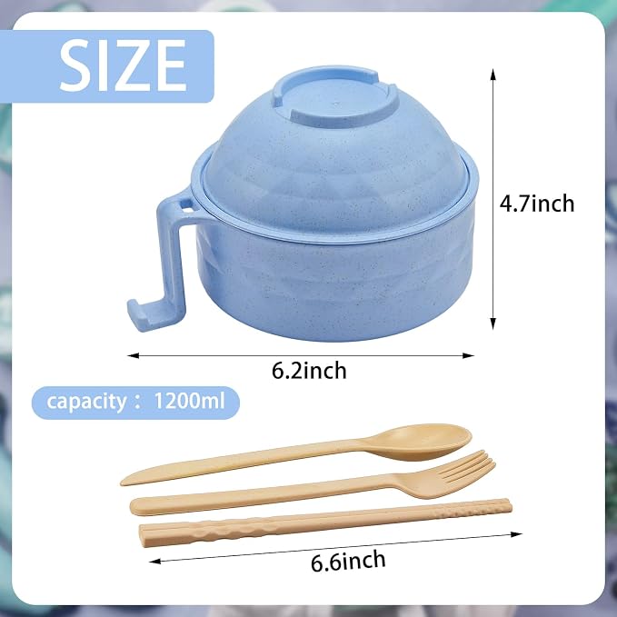 1 Set Microwave Ramen Cooker 40oz Wheat Straw Microwave Noodle Bowl Set with Chopsticks, Spoon, Fork, College Dorm Office Apartment Essentials (Light Blue)