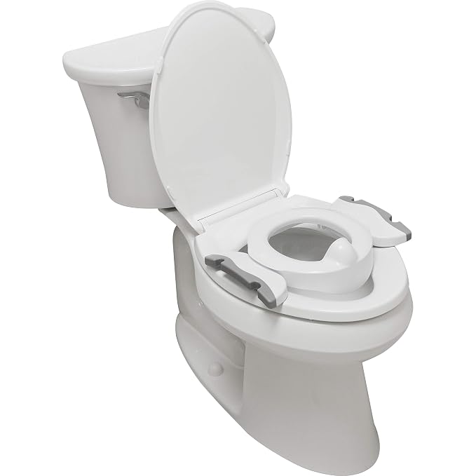 Kalencom Potette Plus Premium 2 in 1 Travel Potty and Toilet Seat Trainer Ring with Built in Pee Guard and Easy-Grip Handles (White/Gray)