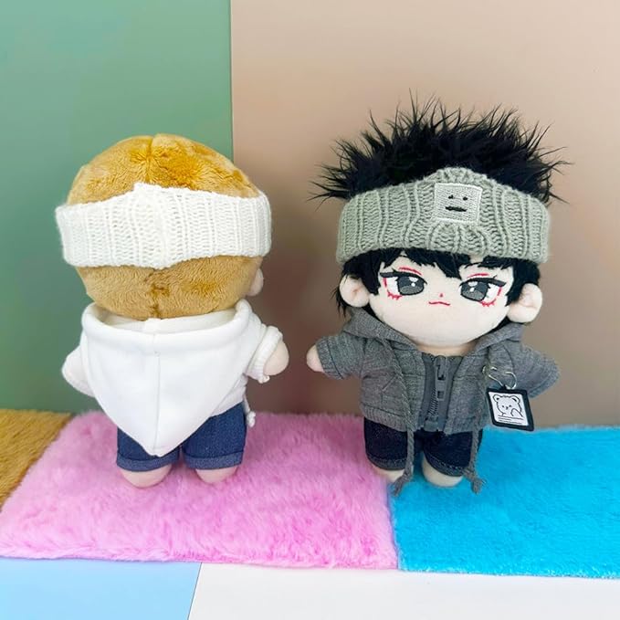 niannyyhouse 10cm-15cm Plush Doll Clothes Headband Coat Jeans Compatible with 17cm Labubu Doll (Gray+Black)