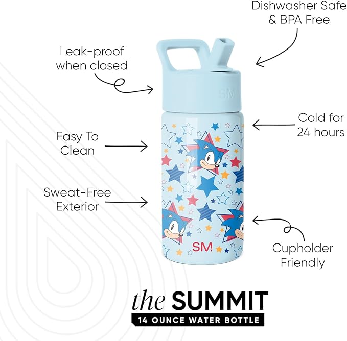Simple Modern Kids Summit Water Bottle with Straw Lid | SEGA Sonic the Hedgehog 14oz Stainless Steel Cup Insulated Tumbler for Toddlers, Boys, Girls, School | Sonic Stars