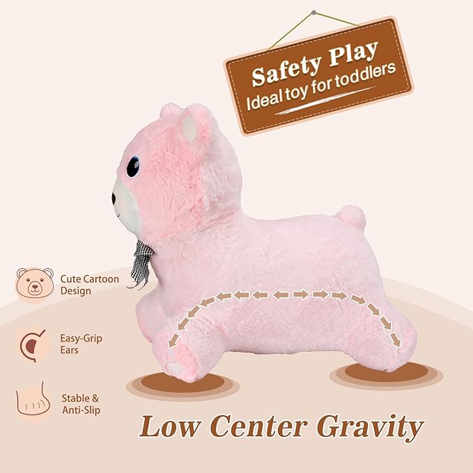 INPANY Bear Bouncy Horse Hopper Toys, Toddler Girl Plush Bouncing Animal, Baby Inflatable Bounce Buddies, Kid Ride on Rubber Bouncer, Outdoor Indoor Cute Birthday Gift Toy for 2 3 4 Year Old Girl Boy