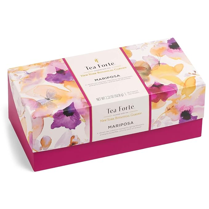 Tea Forte Premium Presentation Box Gift Set Sampler, 20 Count, Assorted Blends Individually Wrapped Handcrafted Pyramid Infuser Bags, Mariposa Tea