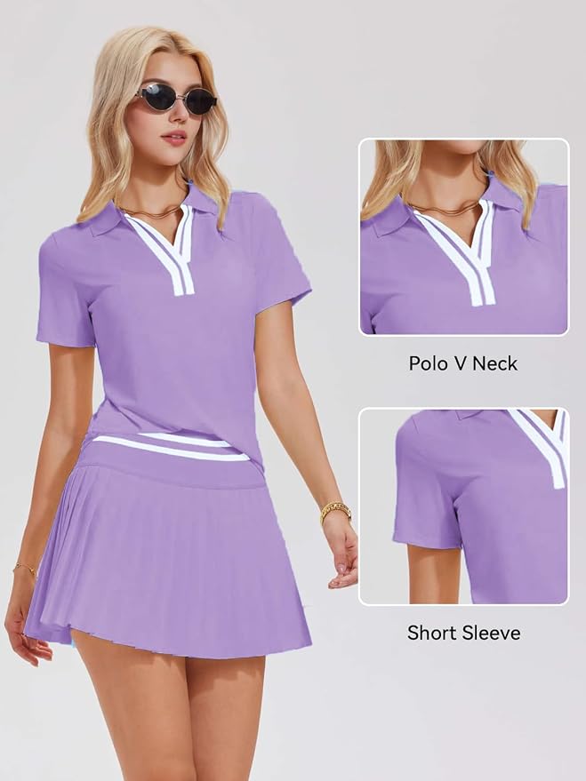 Tennis Skirt Set for Women Color Block V Neck Golf Pickleball Outfits Pleated Athletic Two Piece Skirts Sets