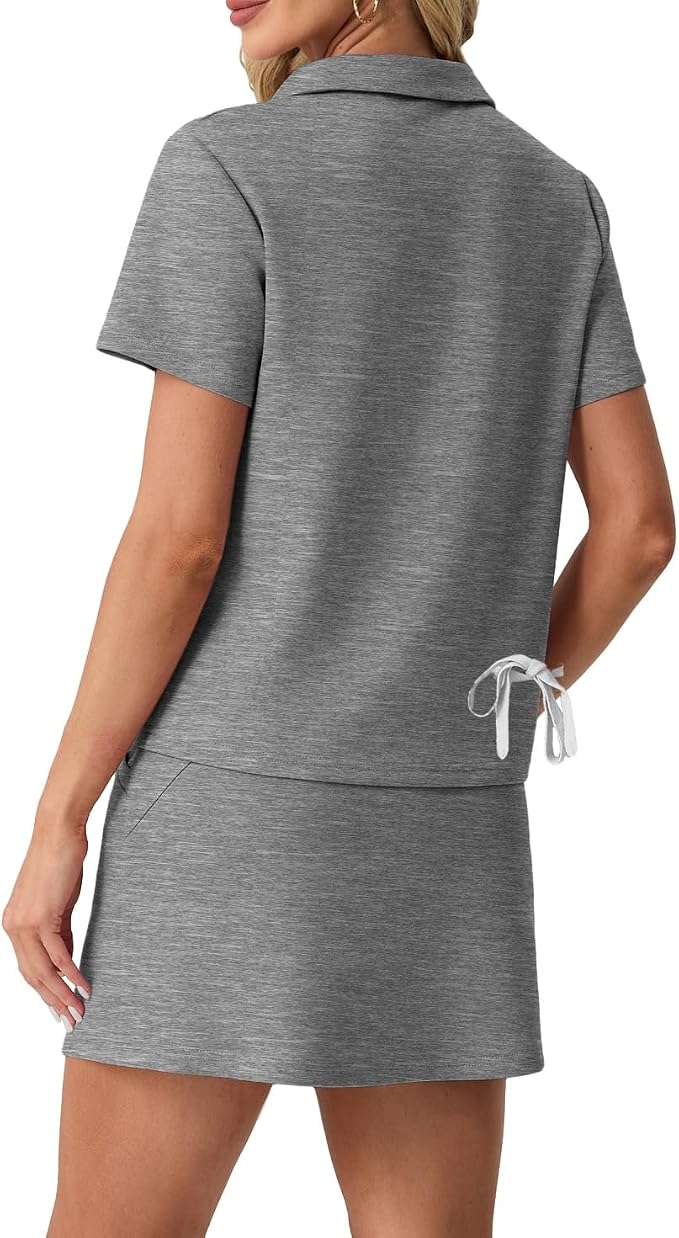 GRECERELLE Women's Summer 2 Piece Skort Set Half Zip Short Sleeve Top & Pocketed Tennis Skirt For Sports & Vacations.