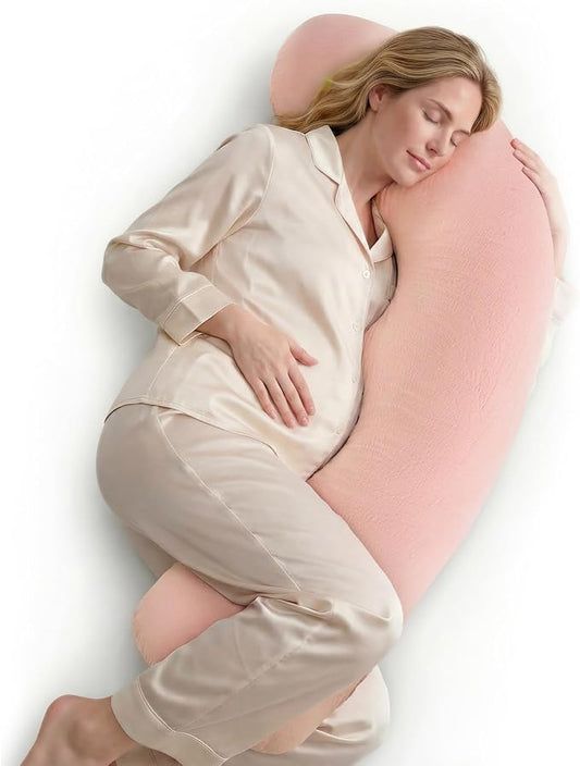 Momcozy Pregnancy Pillows for Side Sleeping, J Shaped Maternity Body Pillow for Pregnancy, Soft Pregnancy Pillow with Cotton Cover for Head Neck Belly Support, Pink