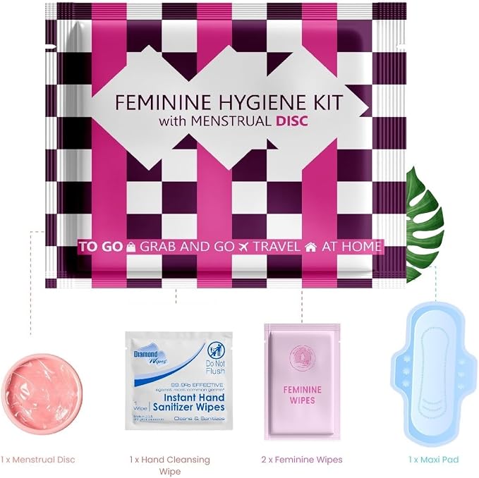 Menstrual Disc Kit with Pad – Single Pack | Convenient On-the-Go Period Essentials | Includes Pads, Feminine Wipes, and Hand Wipe for Complete Hygiene Care (Purple Checkers)