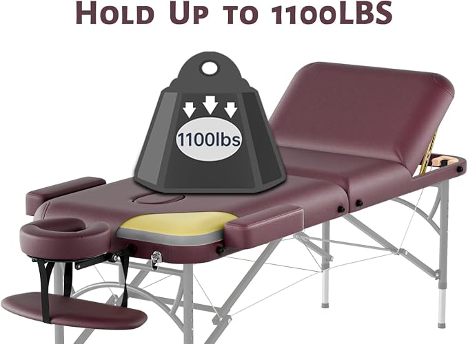 Professional Massage Table Portable 3 Fold Premium Memory Foam Aluminium Leg Hold Up to 1100LBS 8 Heights Adjustable with Carrying Bag Burgundy