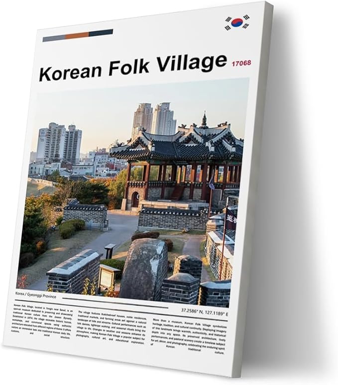 Poster Korean Folk Village Wall Art Original Design(36"x24" Unframed) Joseon Dynasty Architecture Print South Korea Travel Landmark Gyeonggi Cultural Heritage Ancient Palace Zen Scenery Picture