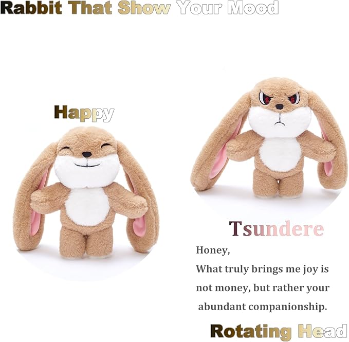 Bunny Plush Toy Stuffed Animal Funny Rotating Head Rabbit Plush Pillows Toy Cute Sensory Soft Stuffed Animals Doll That Show Your Mood Stuffed Bunny For Easter Christmas Birthday Gift，11in(Khaki)