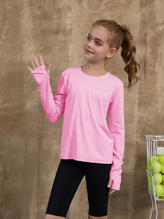 ZDC Girls Long Sleeve Athletic Shirts Kids Crewneck Quick Dry Workout Yoga Tops Basic Tees Activewear